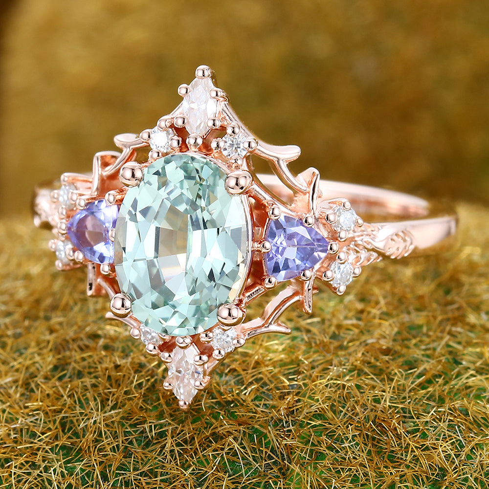 Unique Oval Green Sapphire Engagement Ring With Moissanite & Tanzanite