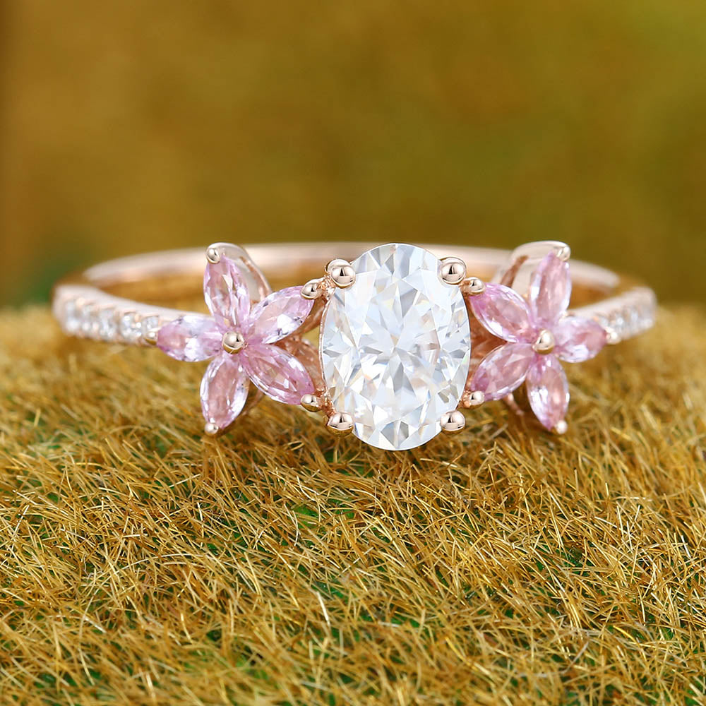 Unique Oval Moissanite engagement ring Vintage Rose gold engagement ring Marquise Pink Sapphire ring Cluster Flower Promise Anniversary ring