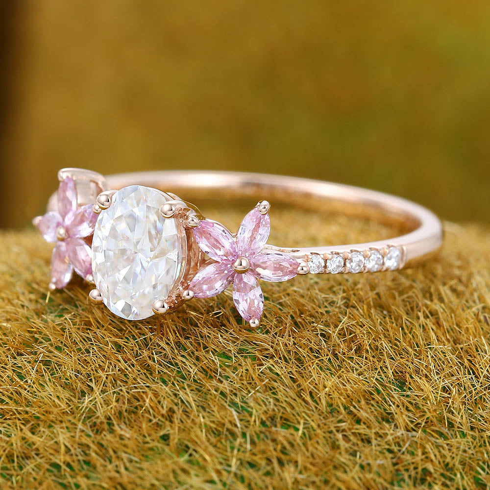 Unique Oval Moissanite engagement ring Vintage Rose gold engagement ring Marquise Pink Sapphire ring Cluster Flower Promise Anniversary ring