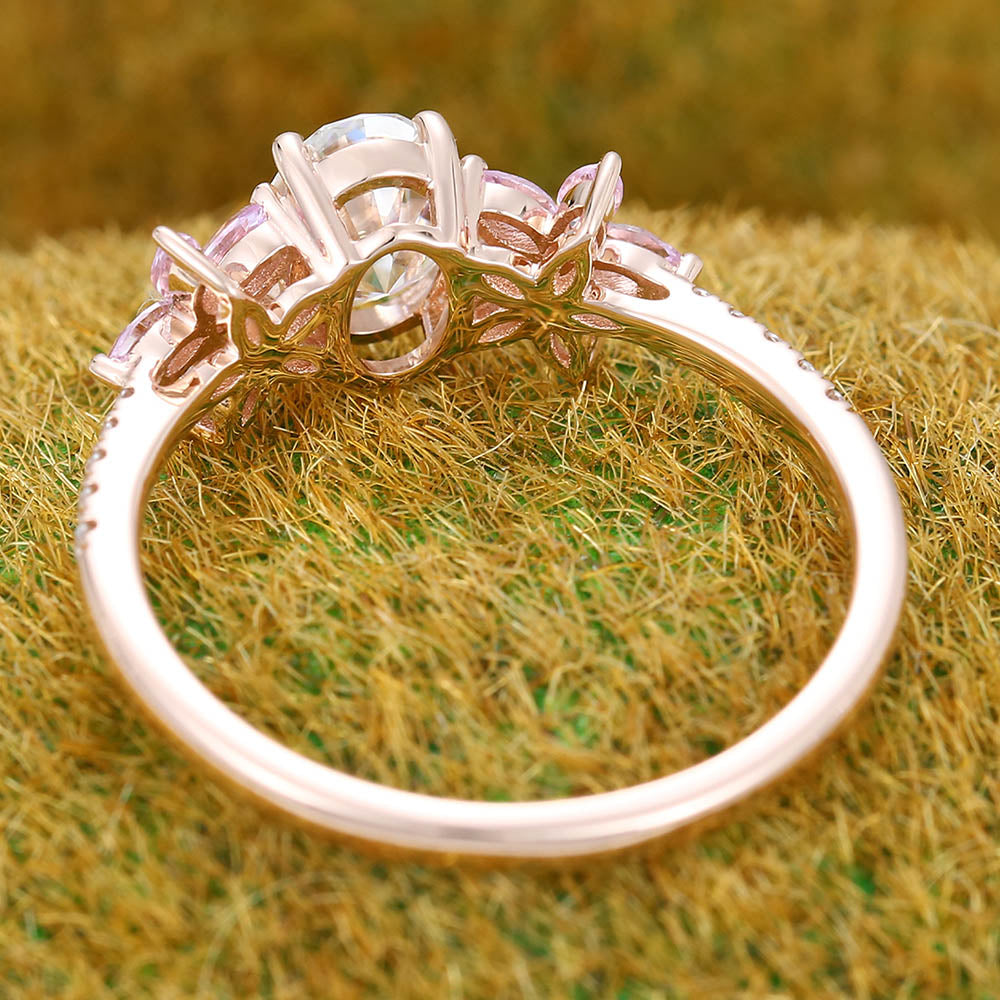 Unique Oval Moissanite engagement ring Vintage Rose gold engagement ring Marquise Pink Sapphire ring Cluster Flower Promise Anniversary ring