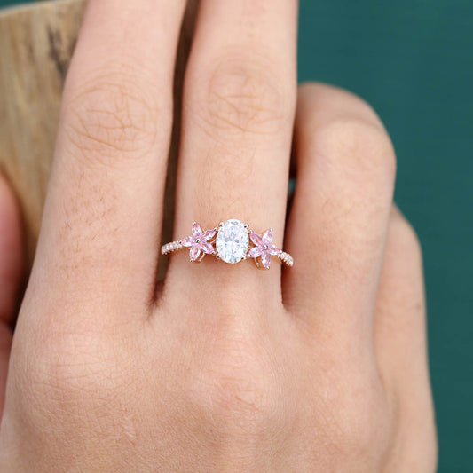 Unique Oval Moissanite engagement ring Vintage Rose gold engagement ring Marquise Pink Sapphire ring Cluster Flower Promise Anniversary ring