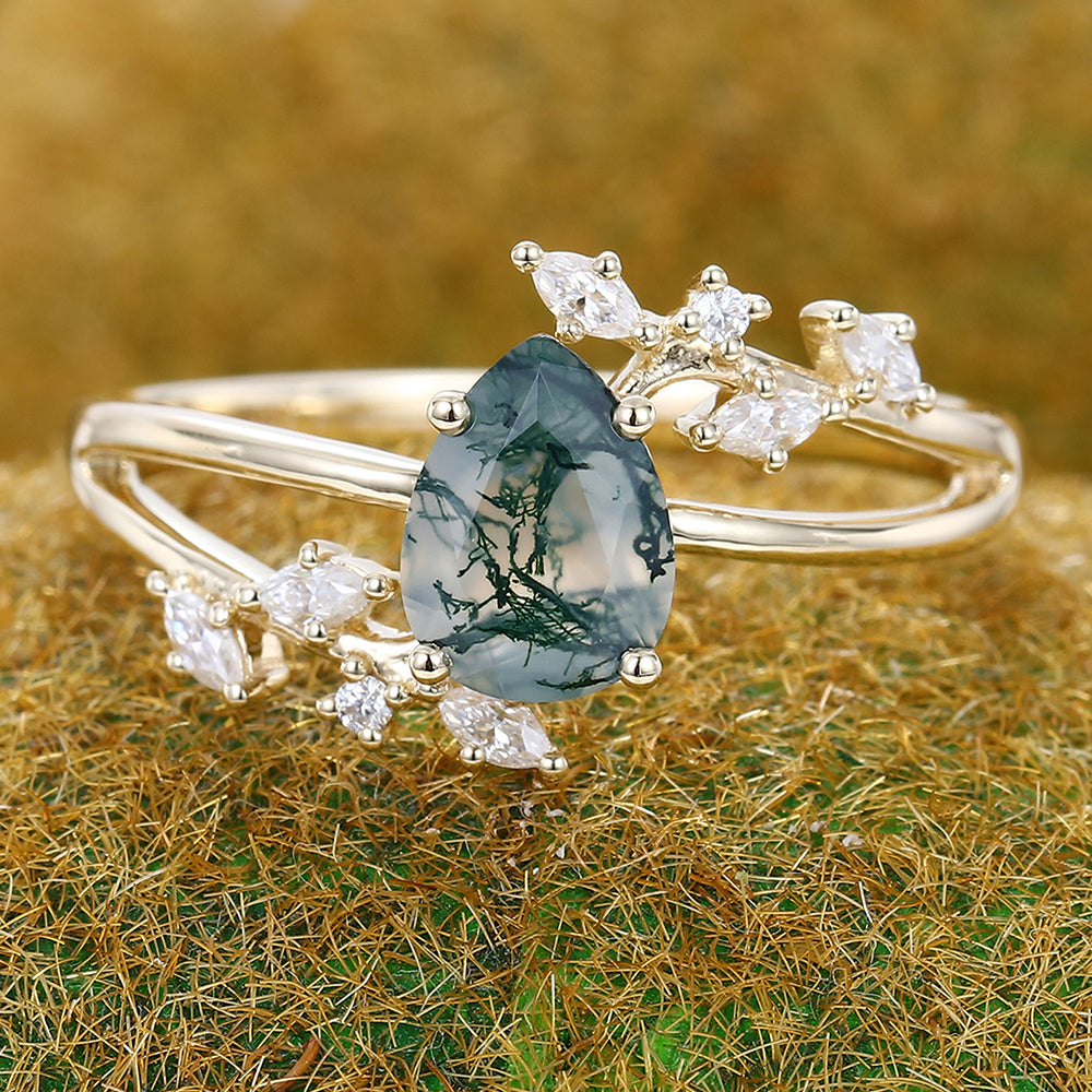 Pear Shape Moss Agate Engagement Ring Nature Inspired Bypass Design