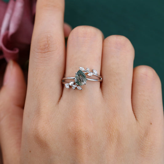 Pear Shape Moss Agate Engagement Ring Nature Inspired Bypass Design
