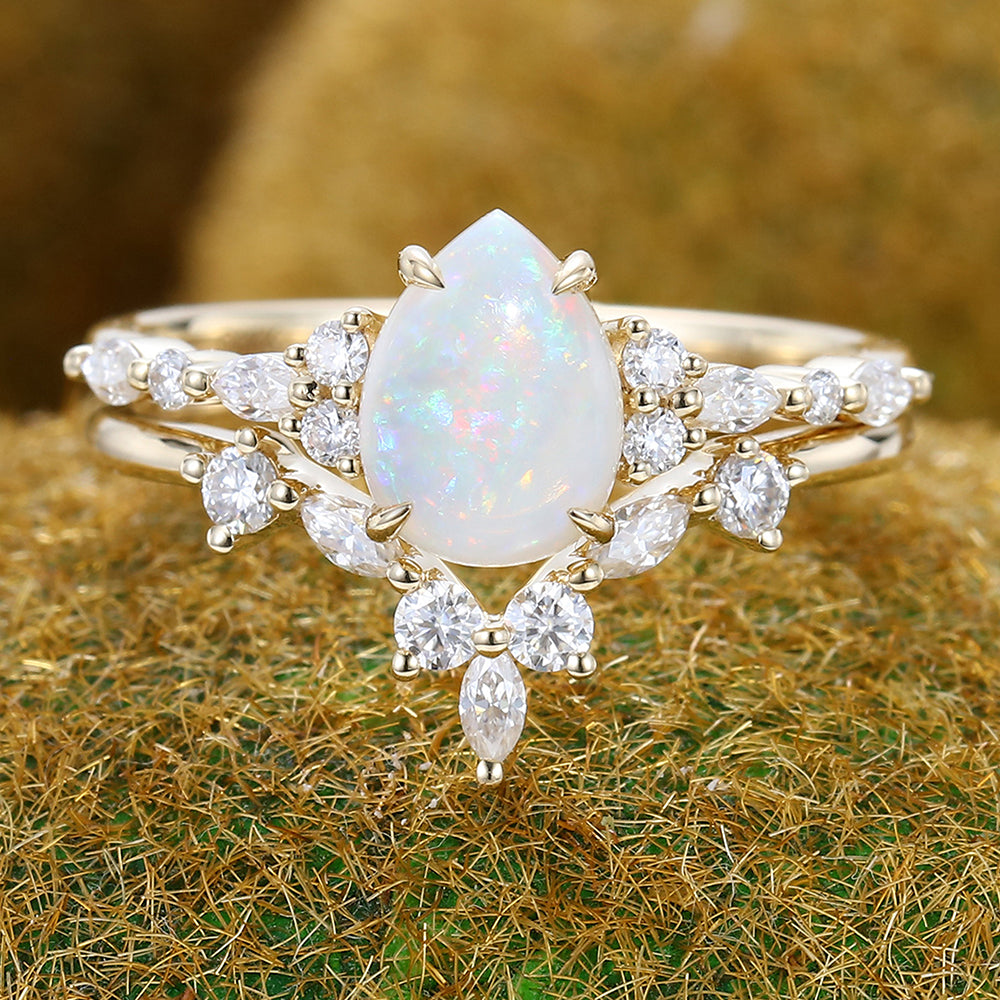 Unique Pear shaped Opal engagement ring set vintage white gold bridal ring Marquise cut Diamond ring Wedding Promise Anniversary ring set