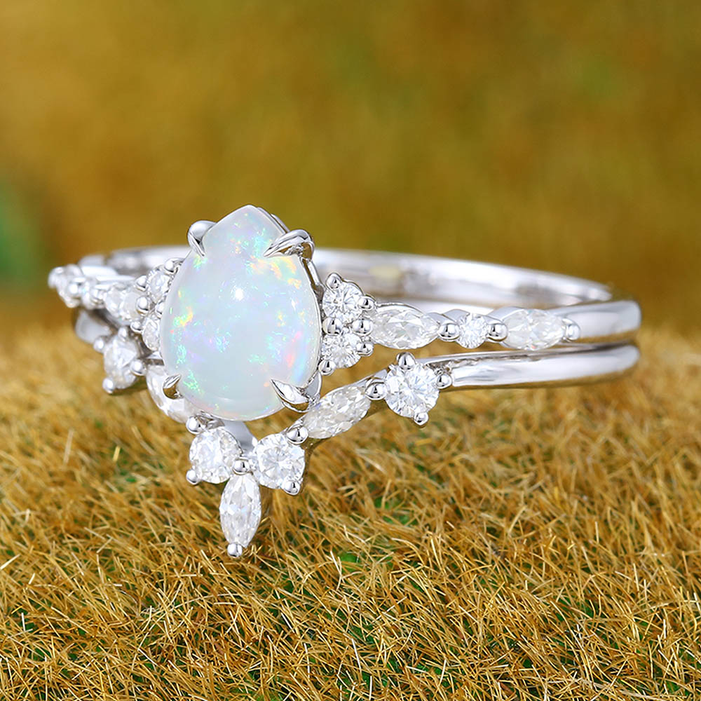 Unique Pear shaped Opal engagement ring set vintage white gold bridal ring Marquise cut Diamond ring Wedding Promise Anniversary ring set