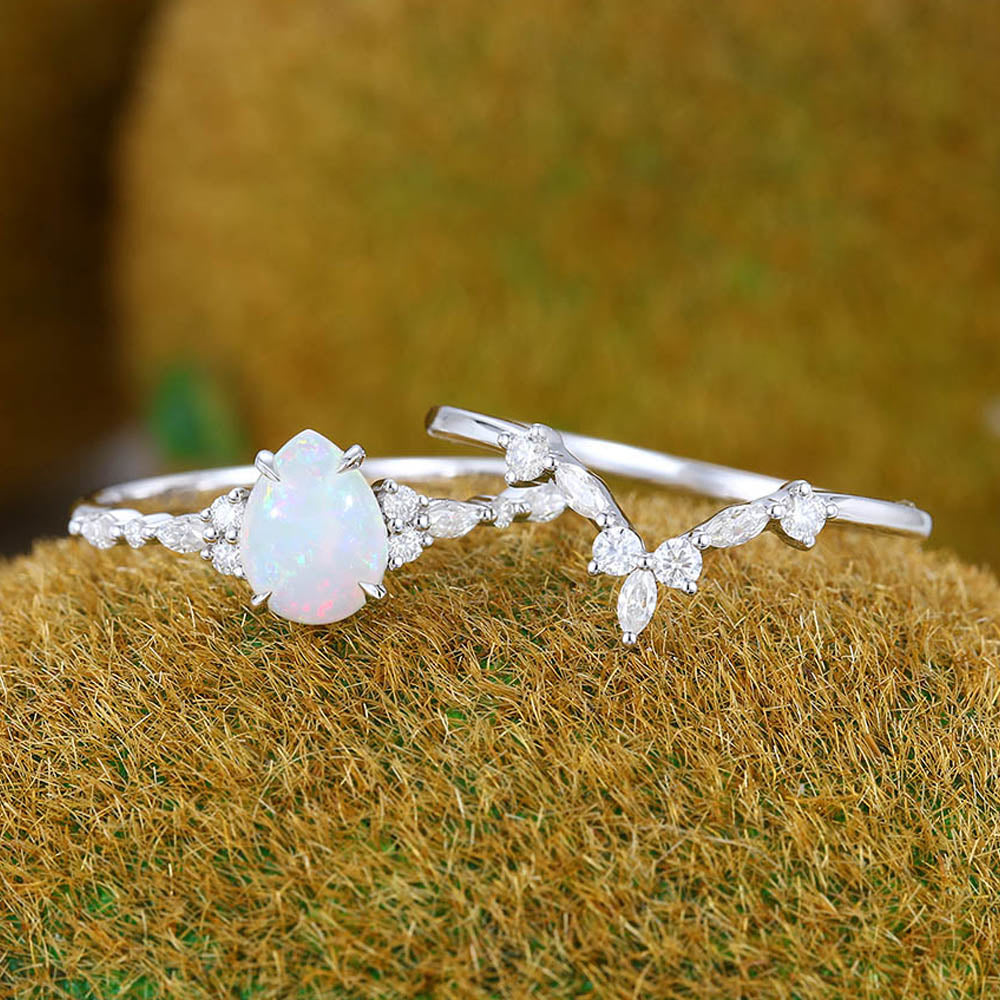Unique Pear shaped Opal engagement ring set vintage white gold bridal ring Marquise cut Diamond ring Wedding Promise Anniversary ring set