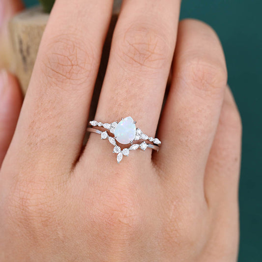 Unique Pear shaped Opal engagement ring set vintage white gold bridal ring Marquise cut Diamond ring Wedding Promise Anniversary ring set