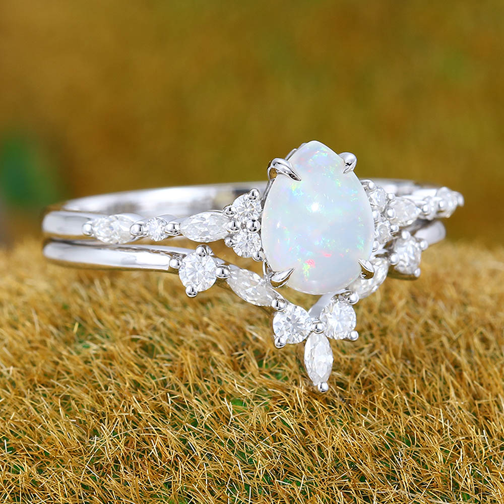 Unique Pear shaped Opal engagement ring set vintage white gold bridal ring Marquise cut Diamond ring Wedding Promise Anniversary ring set