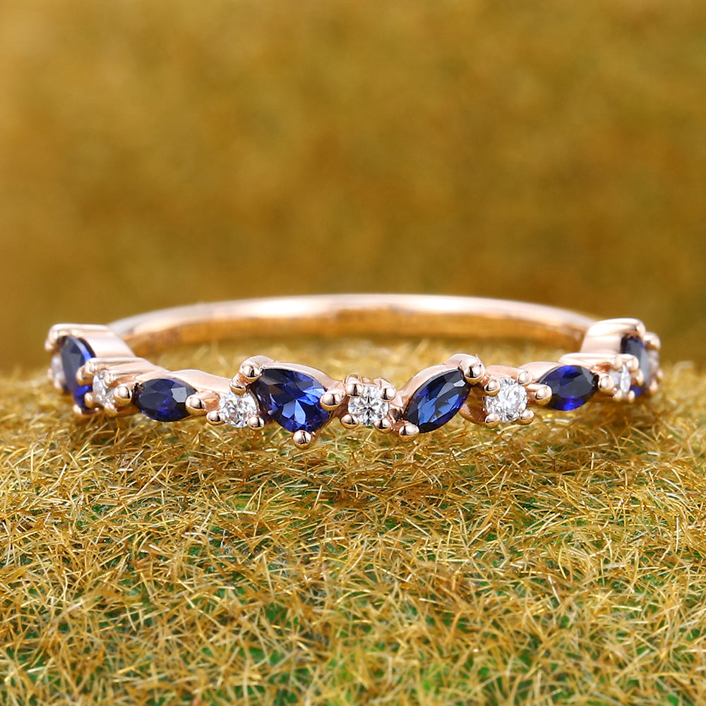 Unique Sapphire Wedding Band Half Eternity Bridal Matching Stackable Ring