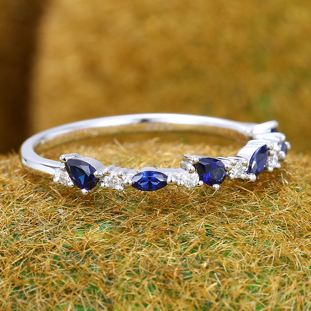 Unique Sapphire Wedding Band Half Eternity Bridal Matching Stackable Ring