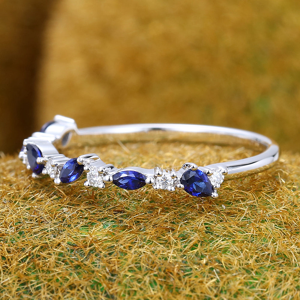 Unique Sapphire Wedding Band Half Eternity Bridal Matching Stackable Ring