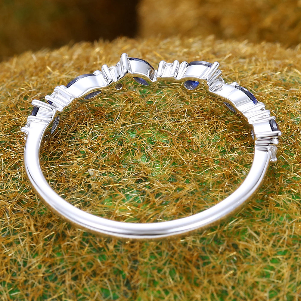 Unique Sapphire Wedding Band Half Eternity Bridal Matching Stackable Ring