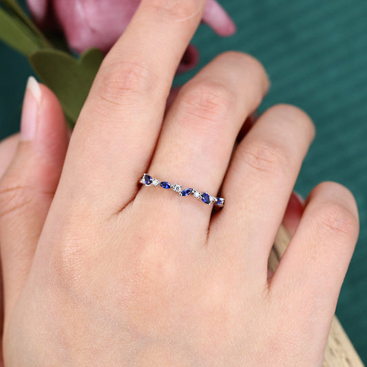 Unique Sapphire Wedding Band Half Eternity Bridal Matching Stackable Ring