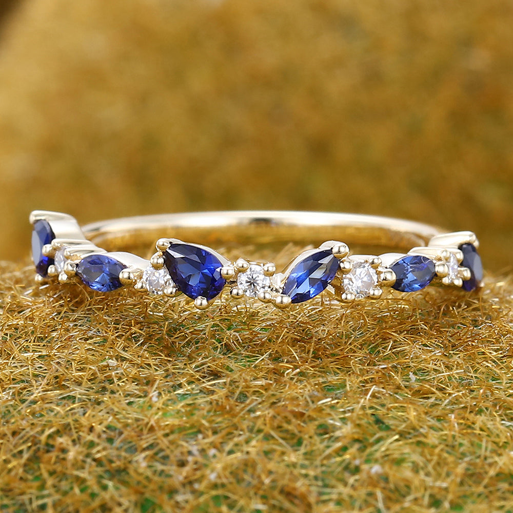 Unique Sapphire Wedding Band Half Eternity Bridal Matching Stackable Ring