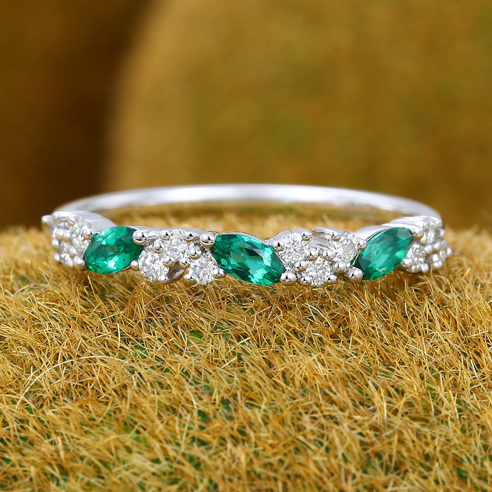 Vintage Emerald wedding band Yellow gold wedding band Unique Marquise cut Diamond Half eternity wedding band Bridal Matching Stackable band