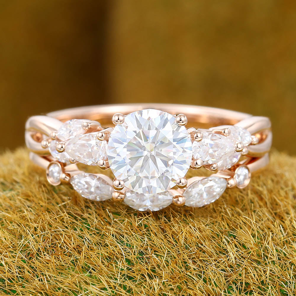 Unique twisted Design 1CT Round Cut Moissanite Cluster Engagement Ring Set