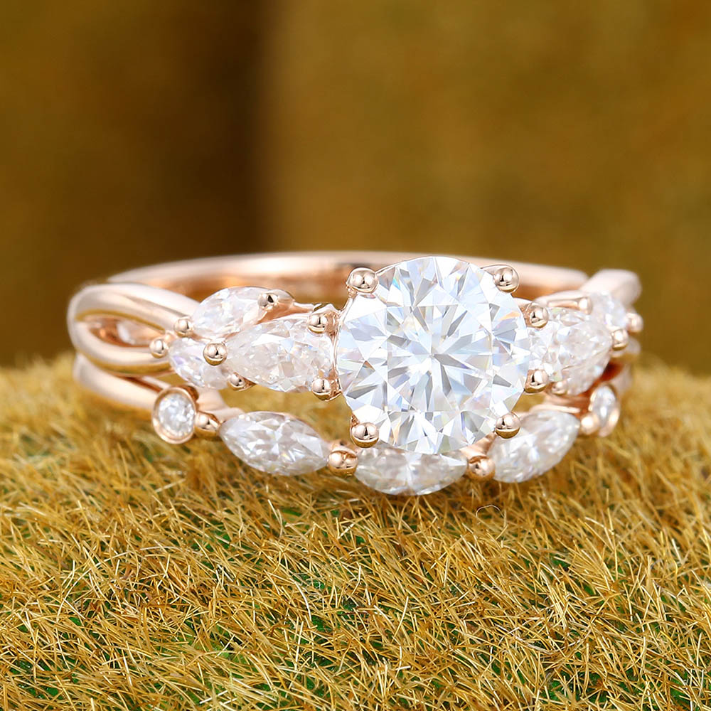 Unique twisted Design 1CT Round Cut Moissanite Cluster Engagement Ring Set