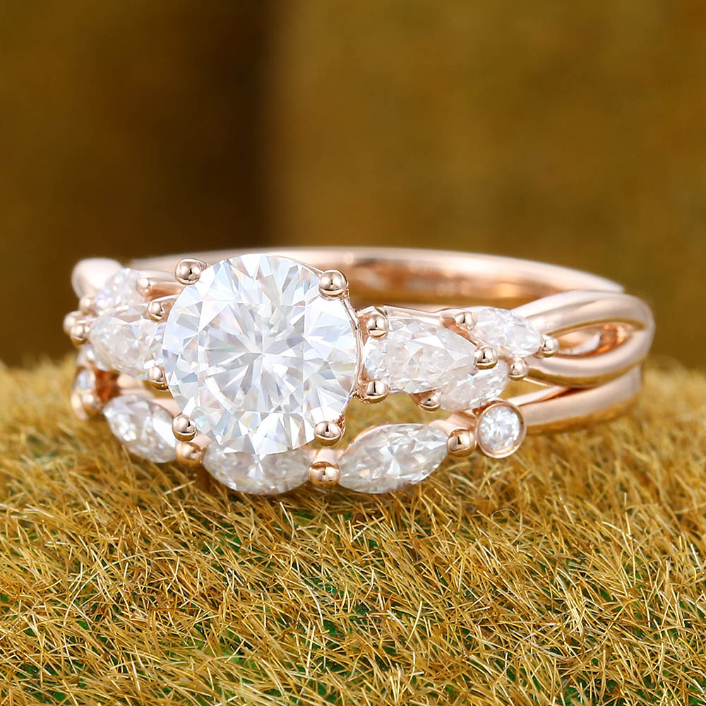 Unique twisted Design 1CT Round Cut Moissanite Cluster Engagement Ring Set