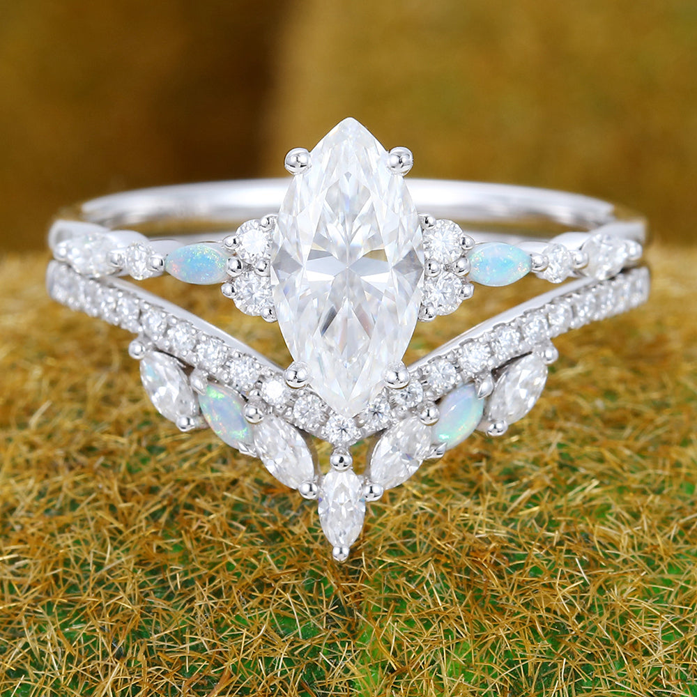 Vintage 1CT Marquise Moissanite Engagement Ring Set with Opal & Diamond Accents