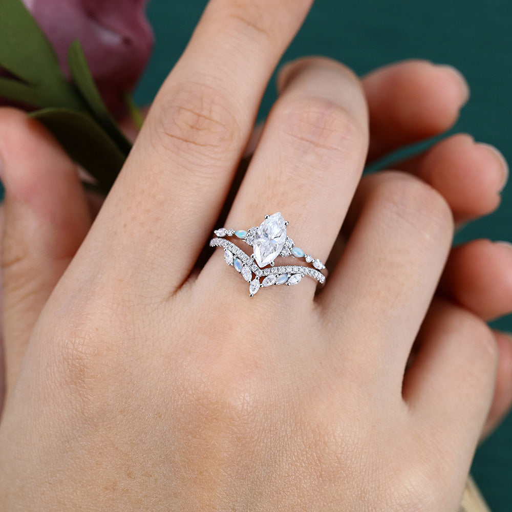 Vintage 1CT Marquise Moissanite Engagement Ring Set with Opal & Diamond Accents