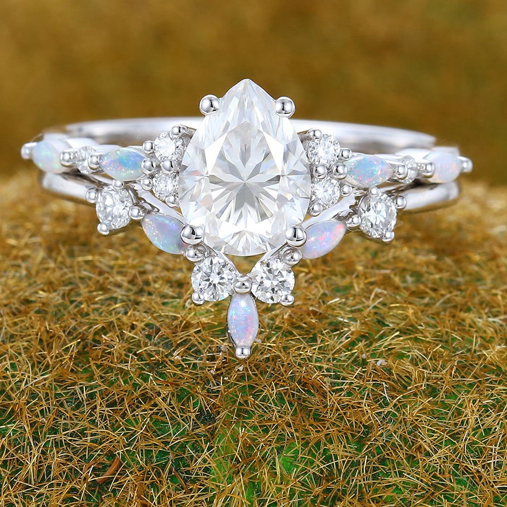 Vintage 1CT Pear Shaped Moissanite Engagement Ring Set with Opal & Diamond Cluster