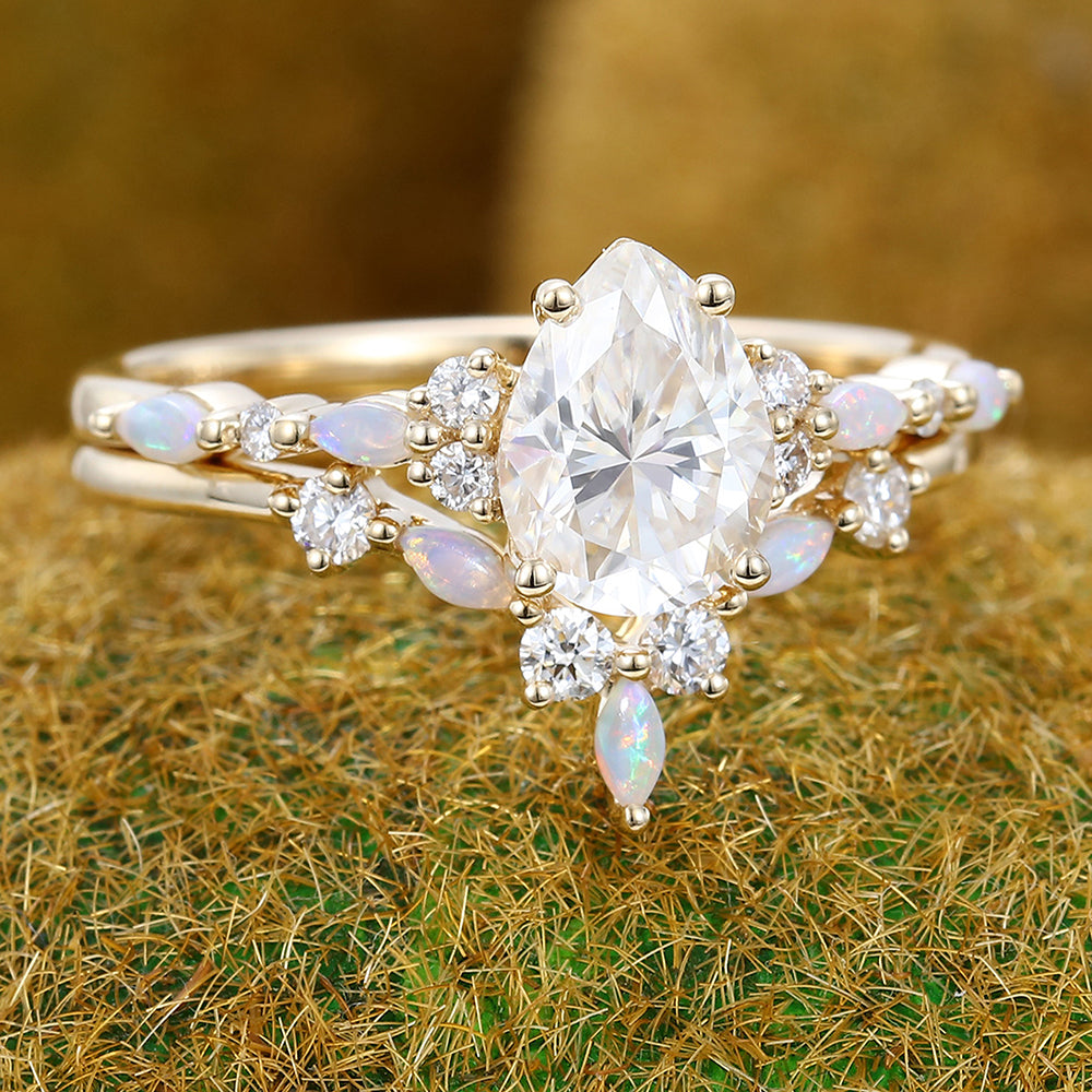 Vintage 1CT Pear Shaped Moissanite Engagement Ring Set with Opal & Diamond Cluster