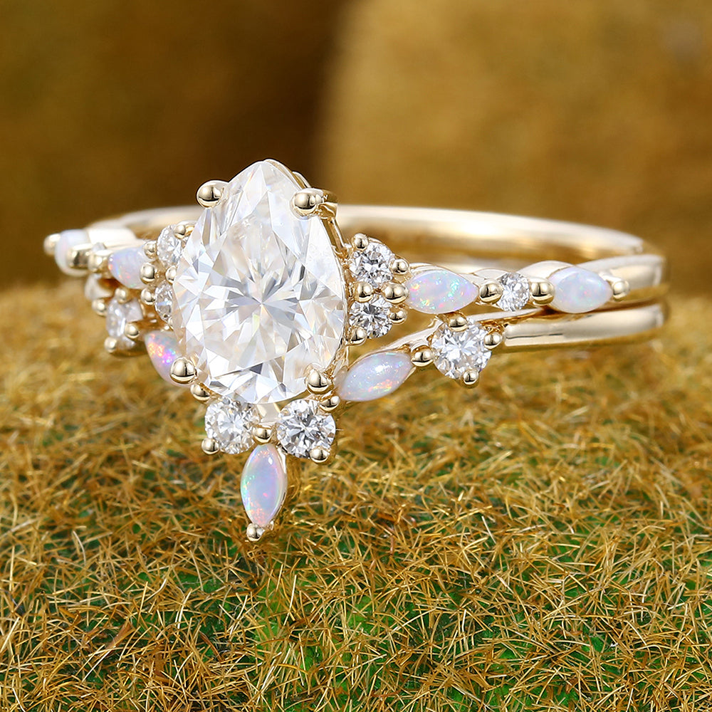 Vintage 1CT Pear Shaped Moissanite Engagement Ring Set with Opal & Diamond Cluster
