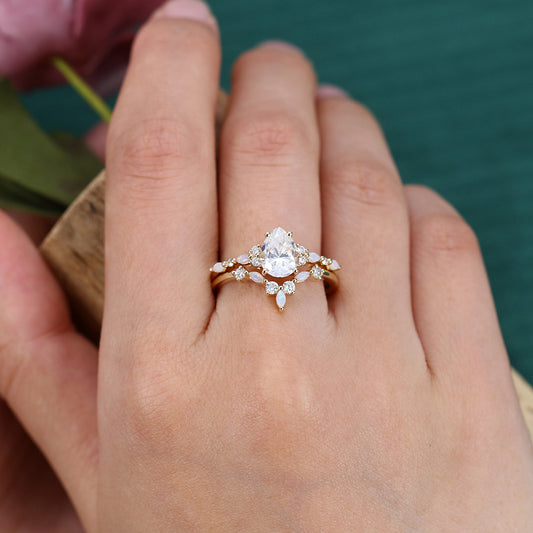 Vintage 1CT Pear Shaped Moissanite Engagement Ring Set with Opal & Diamond Cluster