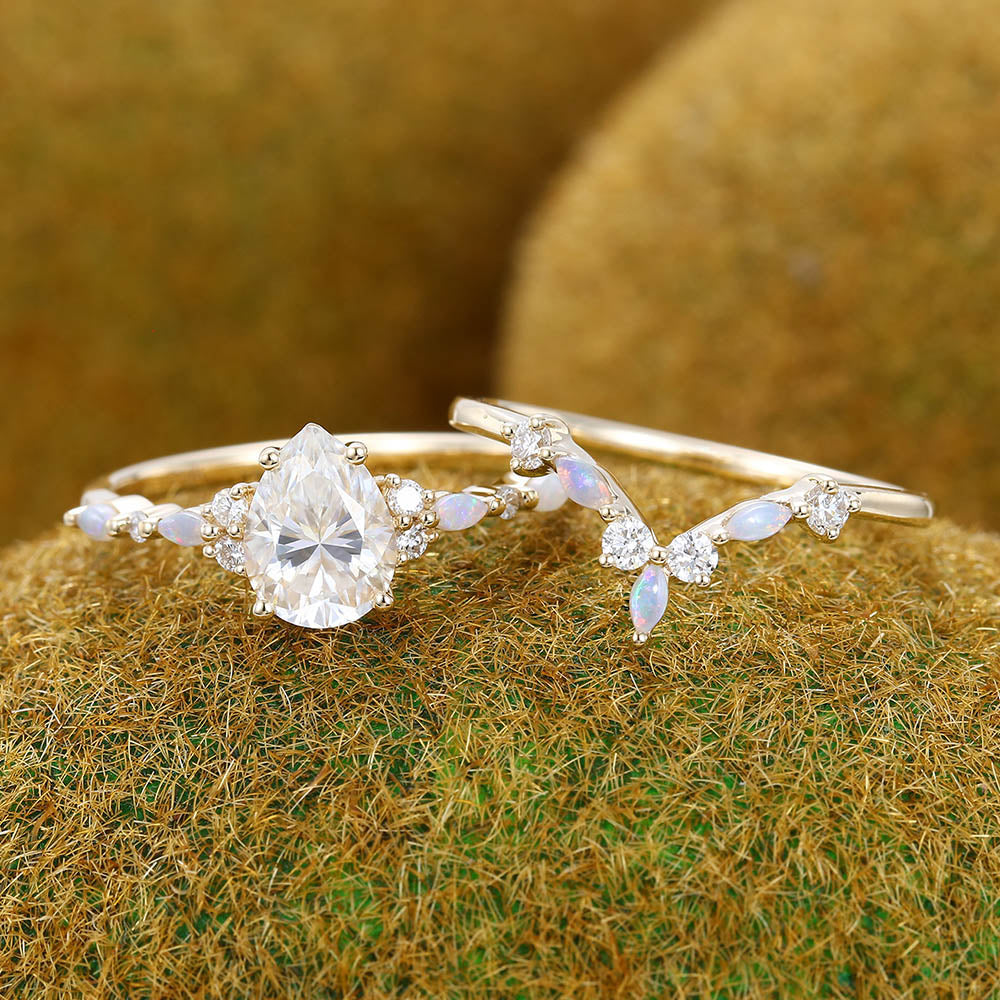 Vintage 1CT Pear Shaped Moissanite Engagement Ring Set with Opal & Diamond Cluster