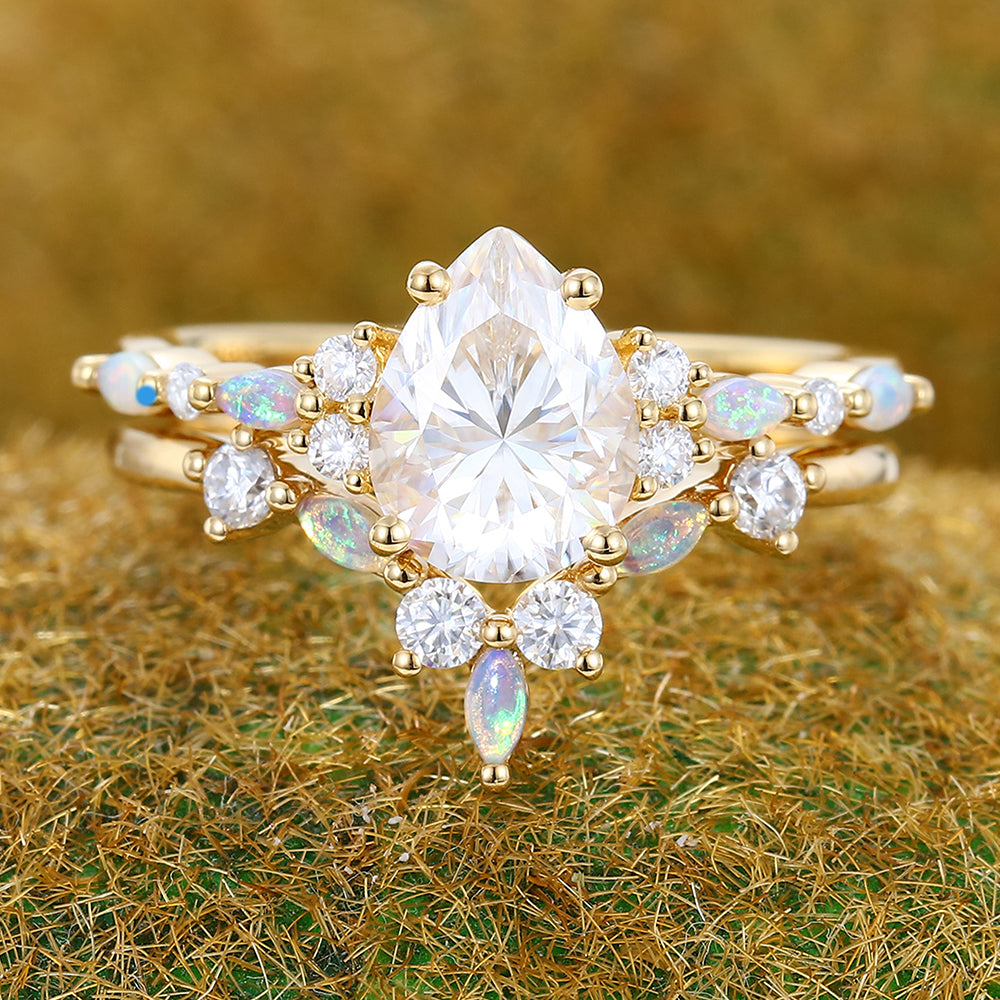 Vintage 1CT Pear Shaped Moissanite Engagement Ring Set with Opal & Diamond Cluster