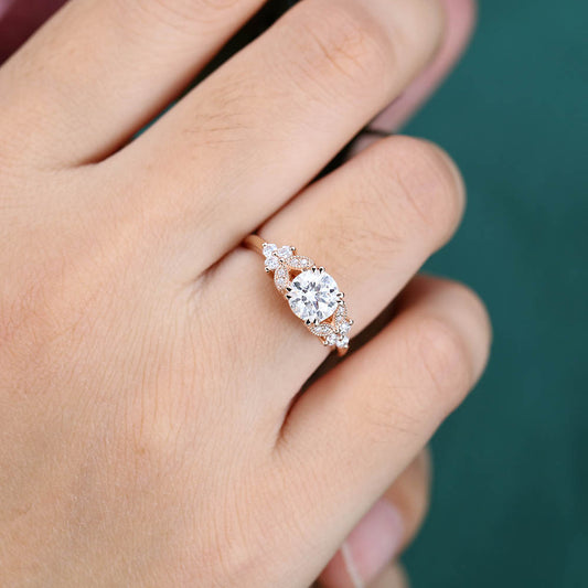 Vintage 1CT Round Cut Moissanite Cluster Engagement Ring with Milgrain Detailing
