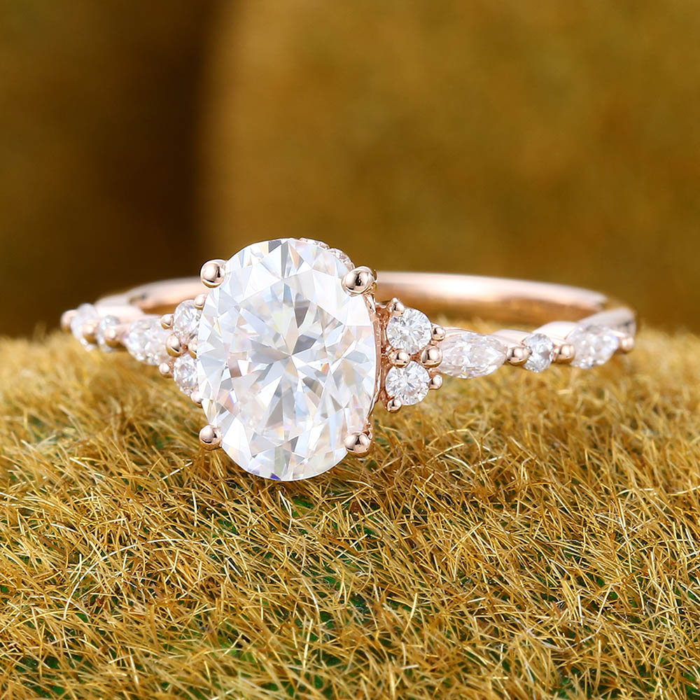 Vintage 2CT Oval Moissanite ring Unique rose gold engagement ring Diamond Hidden Halo ring Art deco Bridal Promise Anniversary ring