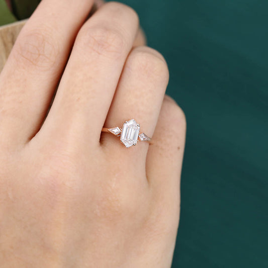 1CT Long Hexagon Moissanite Engagement Ring with Kite Accents