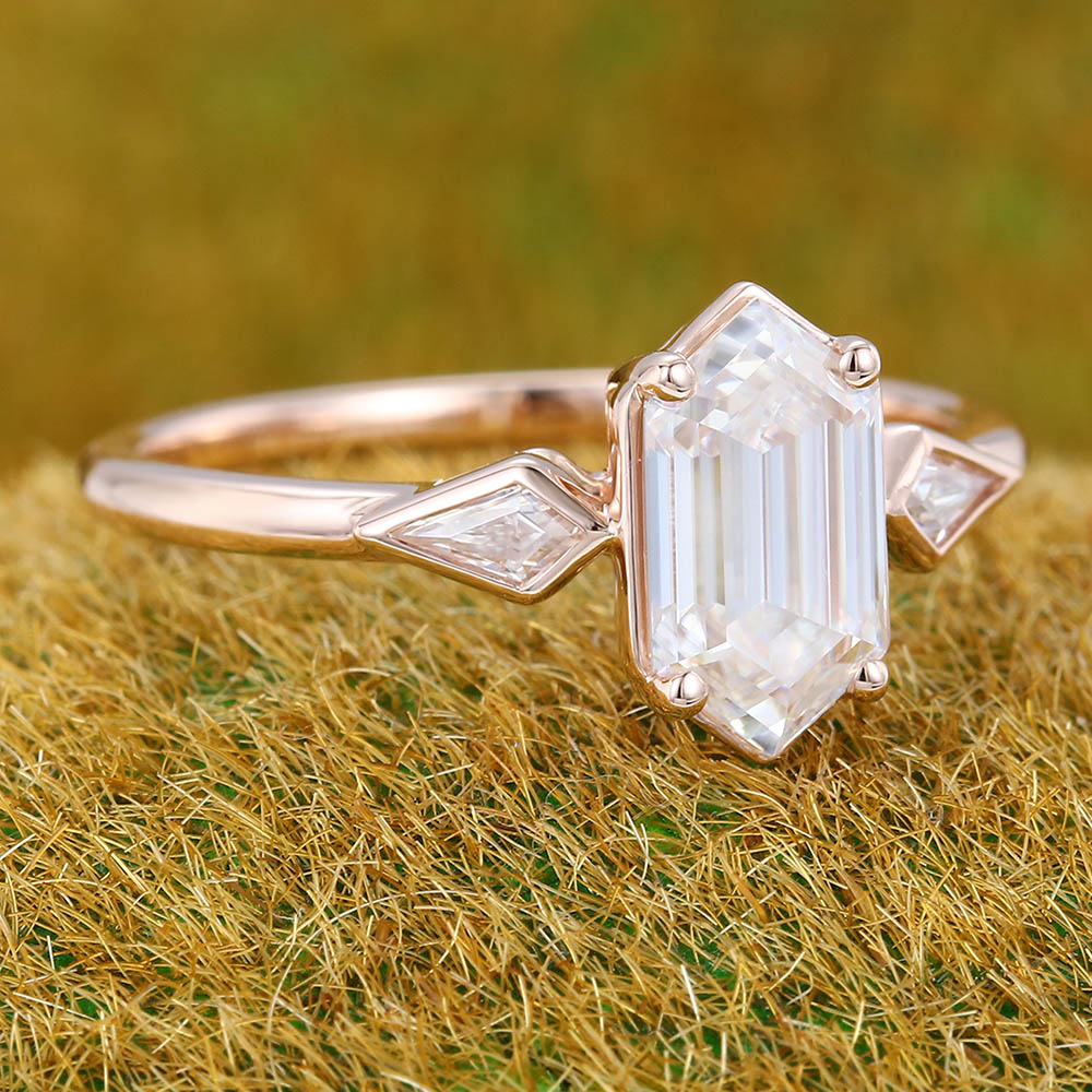 1CT Long Hexagon Moissanite Engagement Ring with Kite Accents