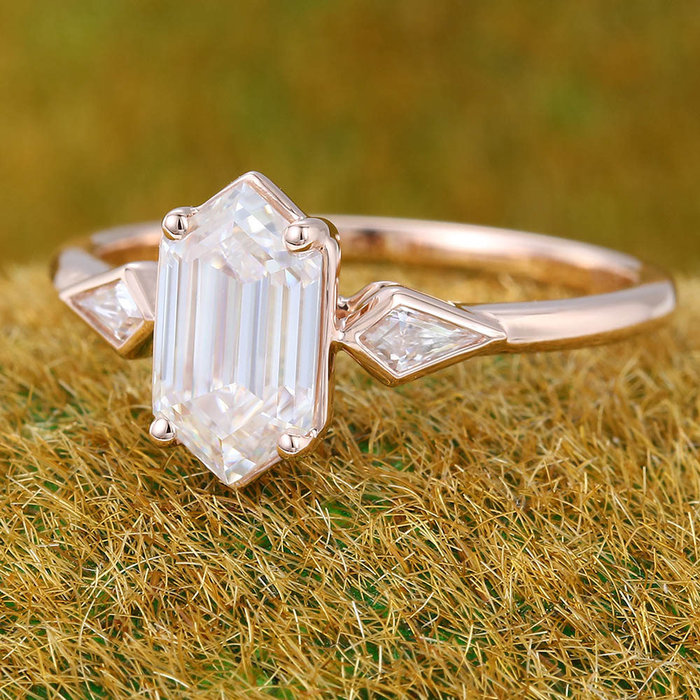 1CT Long Hexagon Moissanite Engagement Ring with Kite Accents
