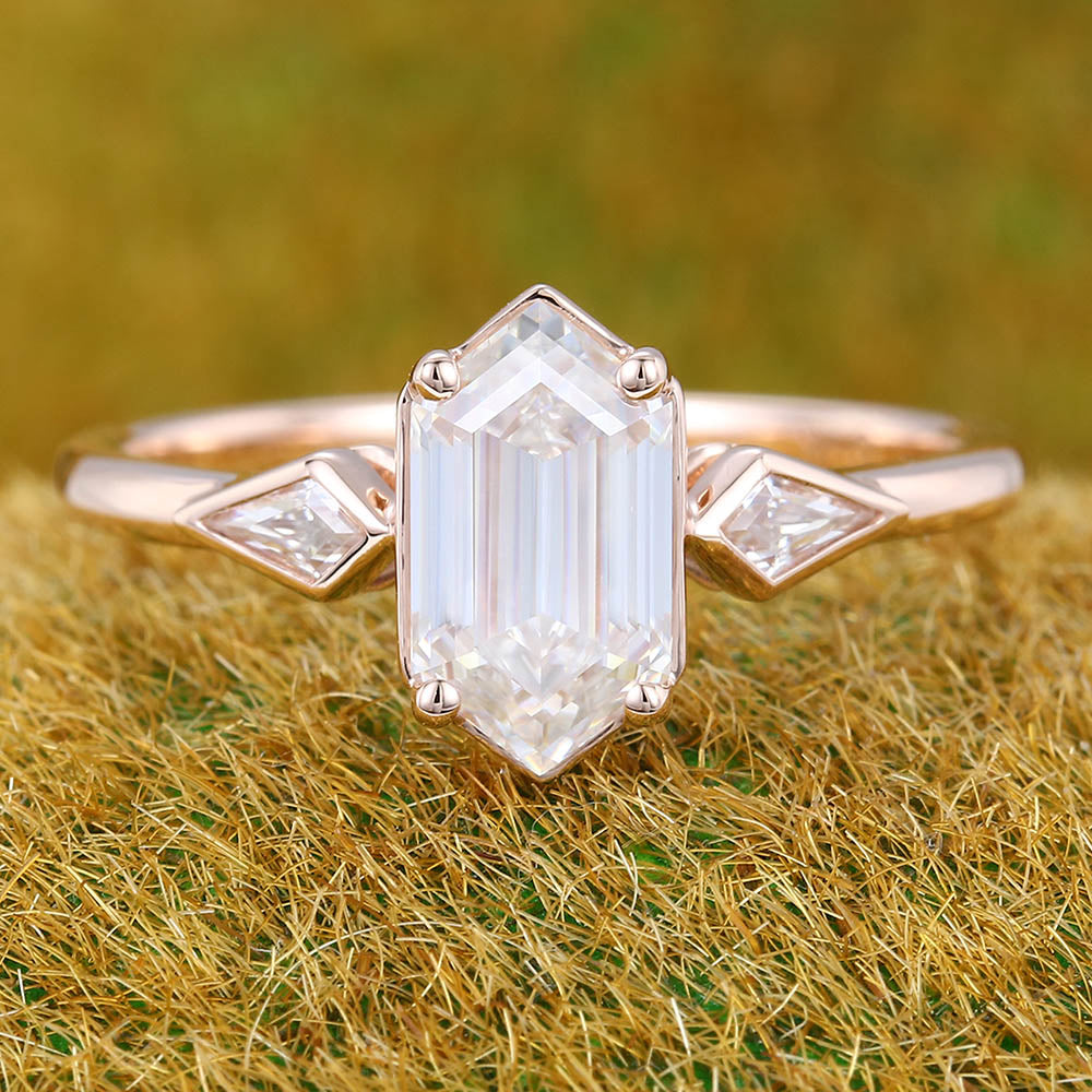 1CT Long Hexagon Moissanite Engagement Ring with Kite Accents