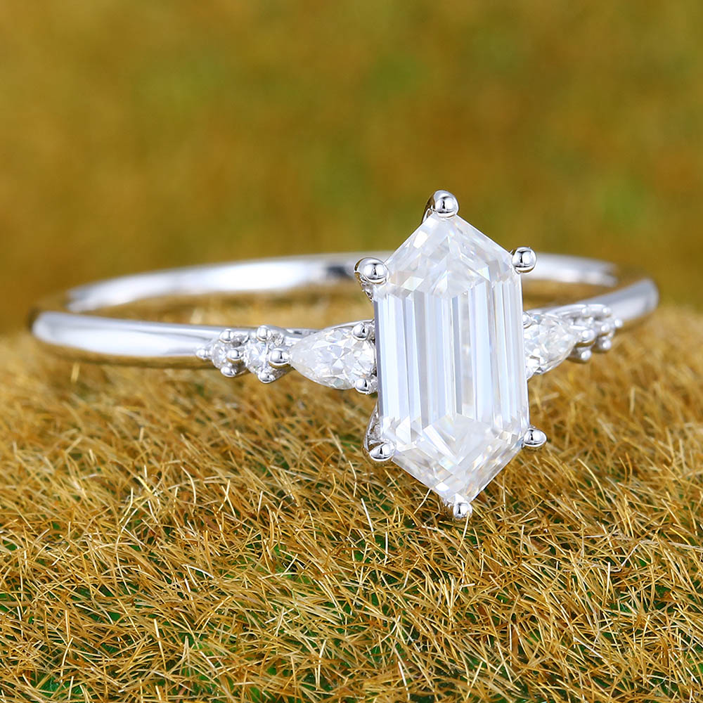 Vintage Elongated Hexagon Moissanite engagement ring Unique white gold engagement ring Pear shaped ring Wedding Promise Anniversary gift