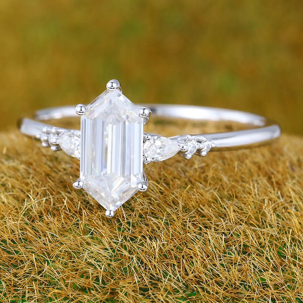 Vintage Elongated Hexagon Moissanite engagement ring Unique white gold engagement ring Pear shaped ring Wedding Promise Anniversary gift