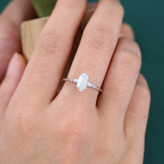 Vintage Elongated Hexagon Moissanite engagement ring Unique white gold engagement ring Pear shaped ring Wedding Promise Anniversary gift