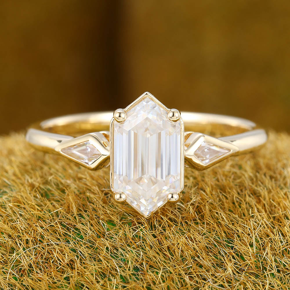 1CT Long Hexagon Moissanite Engagement Ring with Kite Accents