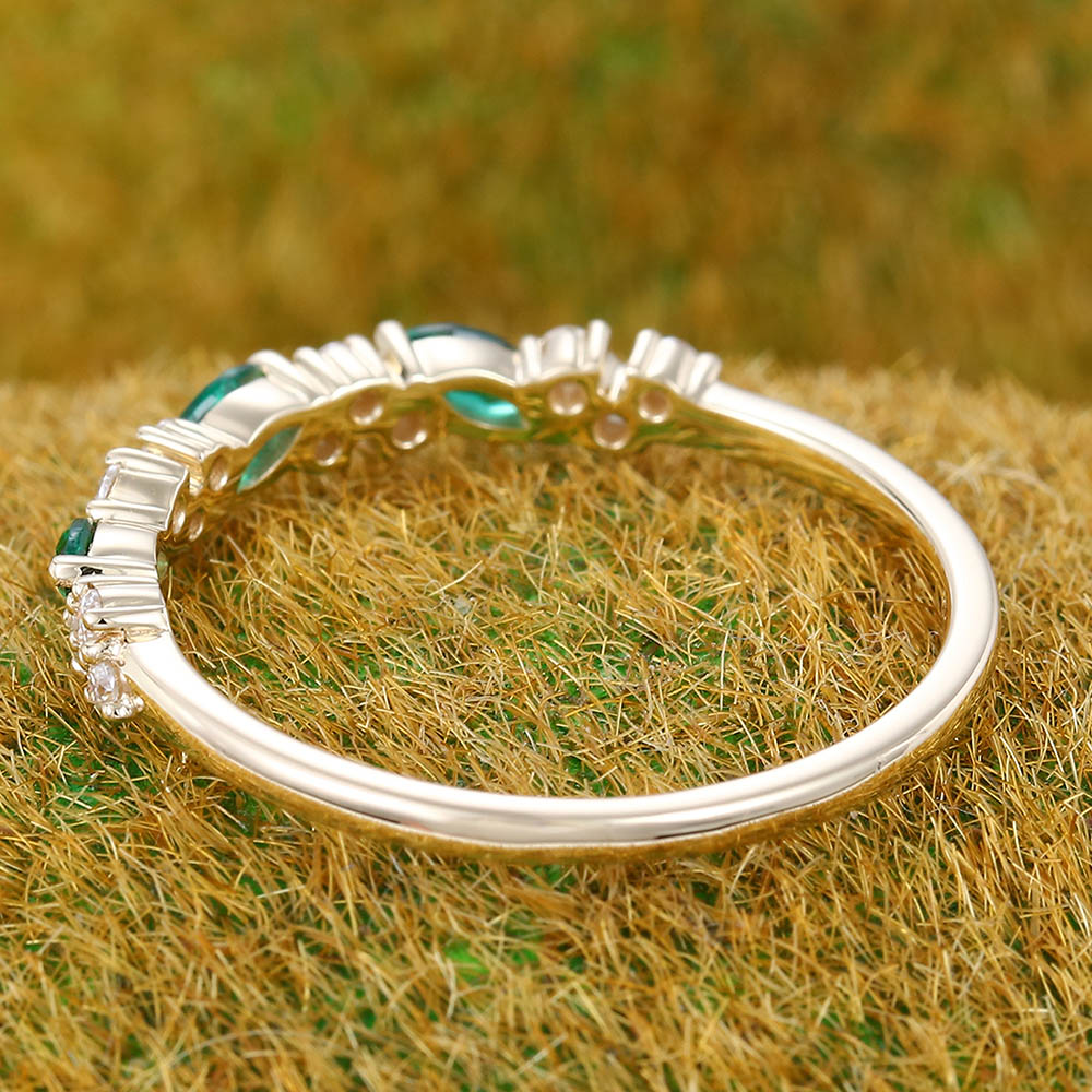 Vintage Emerald wedding band Yellow gold wedding band Unique Marquise cut Diamond Half eternity wedding band Bridal Matching Stackable band