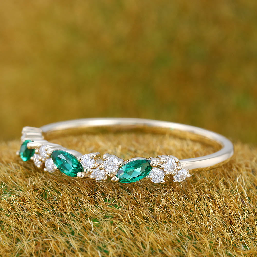 Vintage Emerald wedding band Yellow gold wedding band Unique Marquise cut Diamond Half eternity wedding band Bridal Matching Stackable band