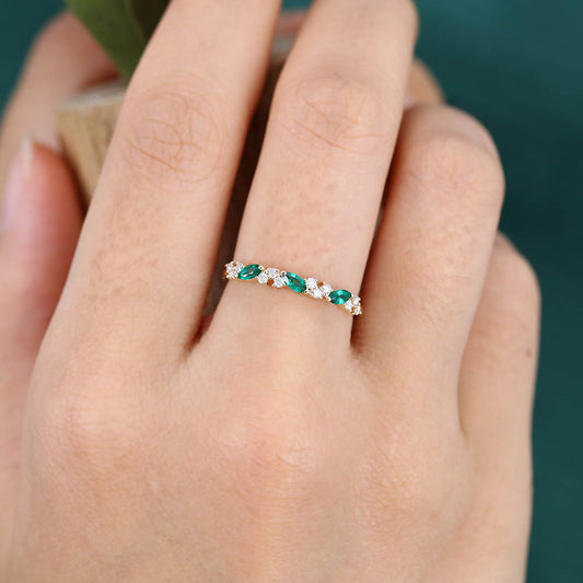 Vintage Emerald wedding band Yellow gold wedding band Unique Marquise cut Diamond Half eternity wedding band Bridal Matching Stackable band