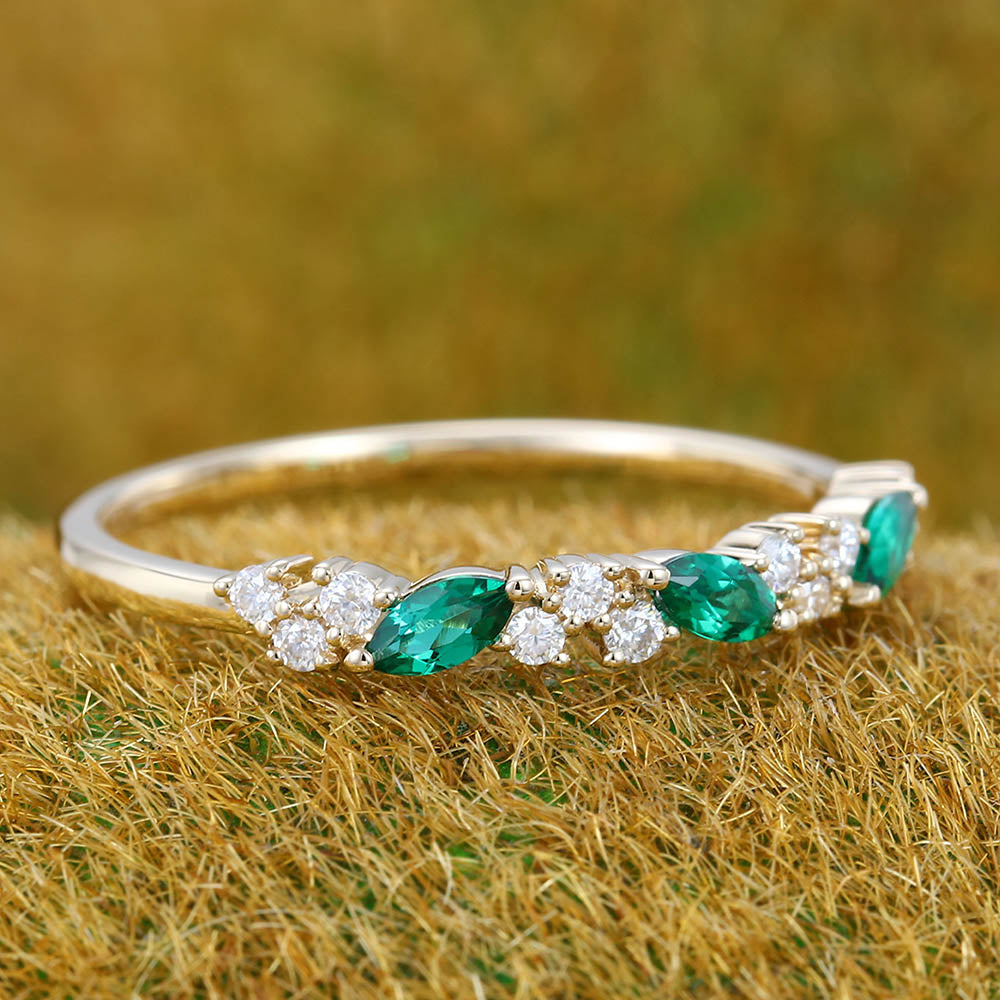 Vintage Emerald wedding band Yellow gold wedding band Unique Marquise cut Diamond Half eternity wedding band Bridal Matching Stackable band