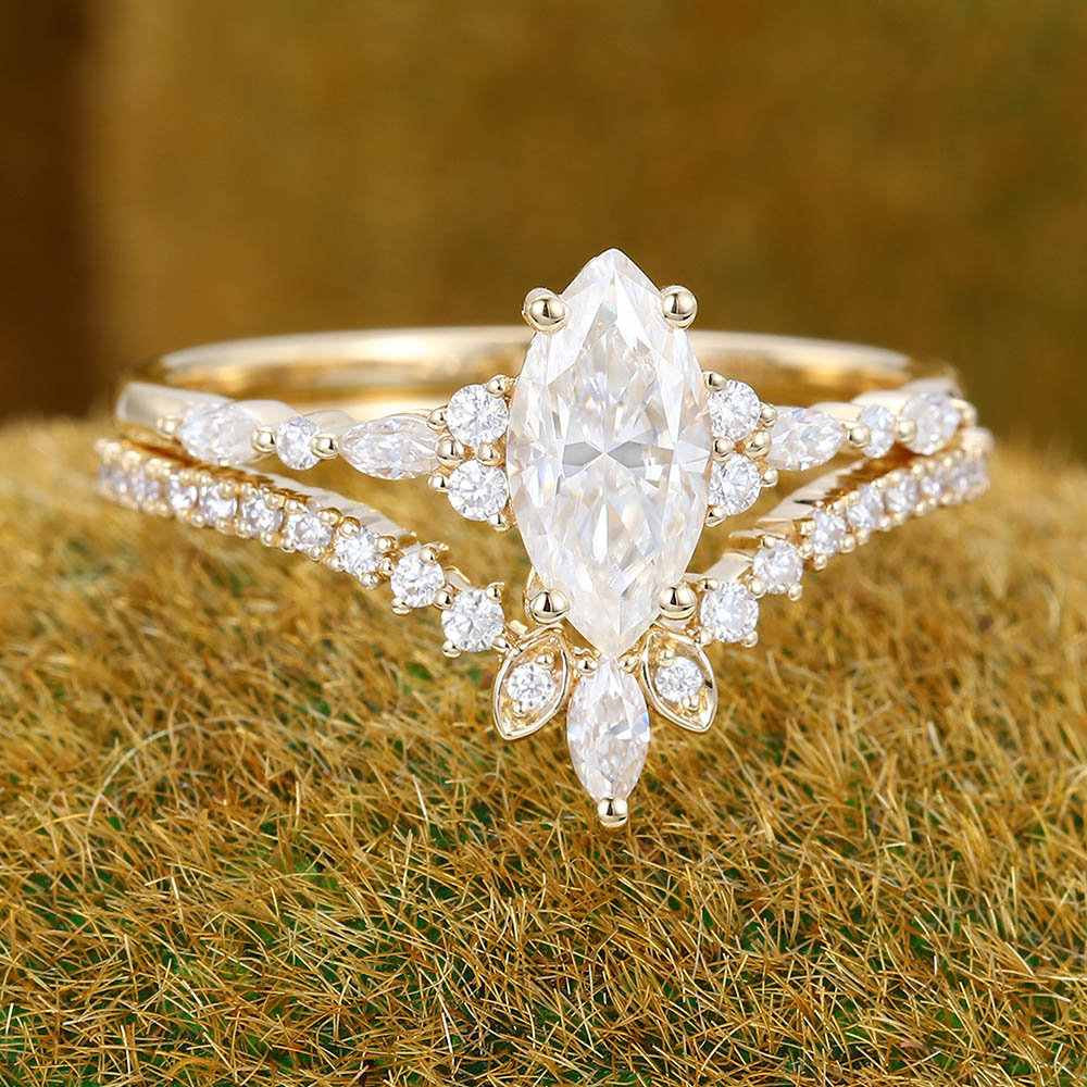 Vintage Marquise Moissanite engagement ring set Unique yellow gold engagement ring Antique Diamond ring Wedding Promise Anniversary ring