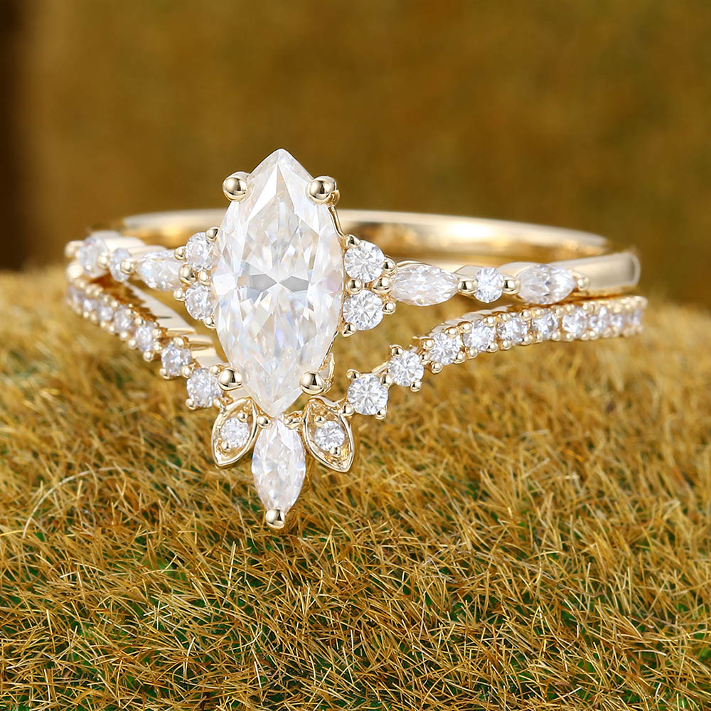 Vintage Marquise Moissanite engagement ring set Unique yellow gold engagement ring Antique Diamond ring Wedding Promise Anniversary ring