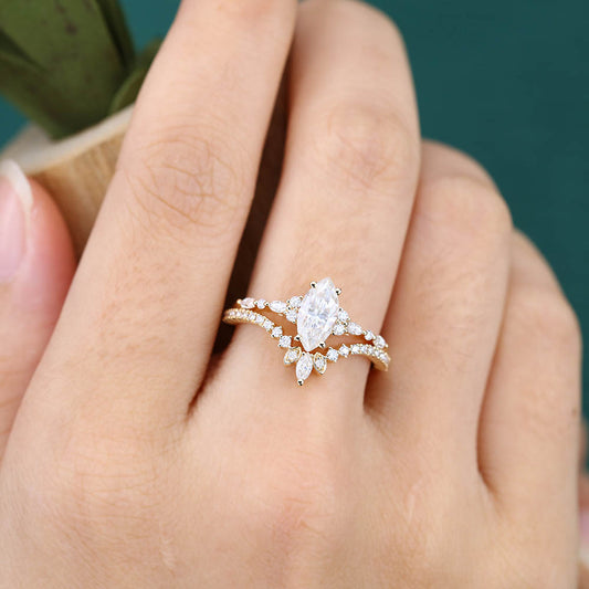 Vintage Marquise Moissanite engagement ring set Unique yellow gold engagement ring Antique Diamond ring Wedding Promise Anniversary ring