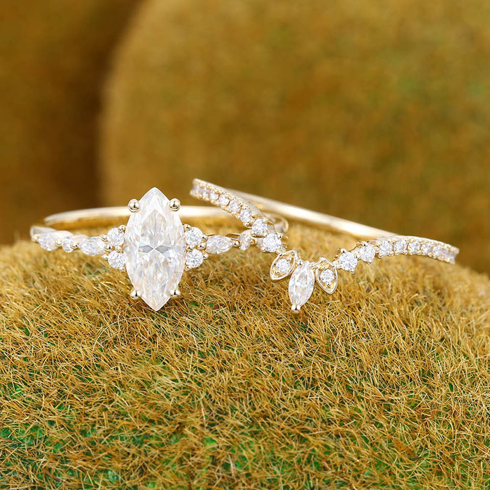 Vintage Marquise Moissanite engagement ring set Unique yellow gold engagement ring Antique Diamond ring Wedding Promise Anniversary ring