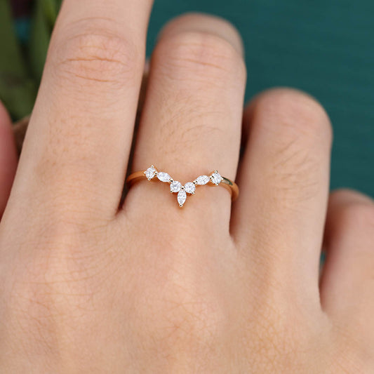 Vintage Marquise Moissanite wedding band Unique rose gold Curved wedding band Diamond wedding band Bridal Matching Stacking promise band