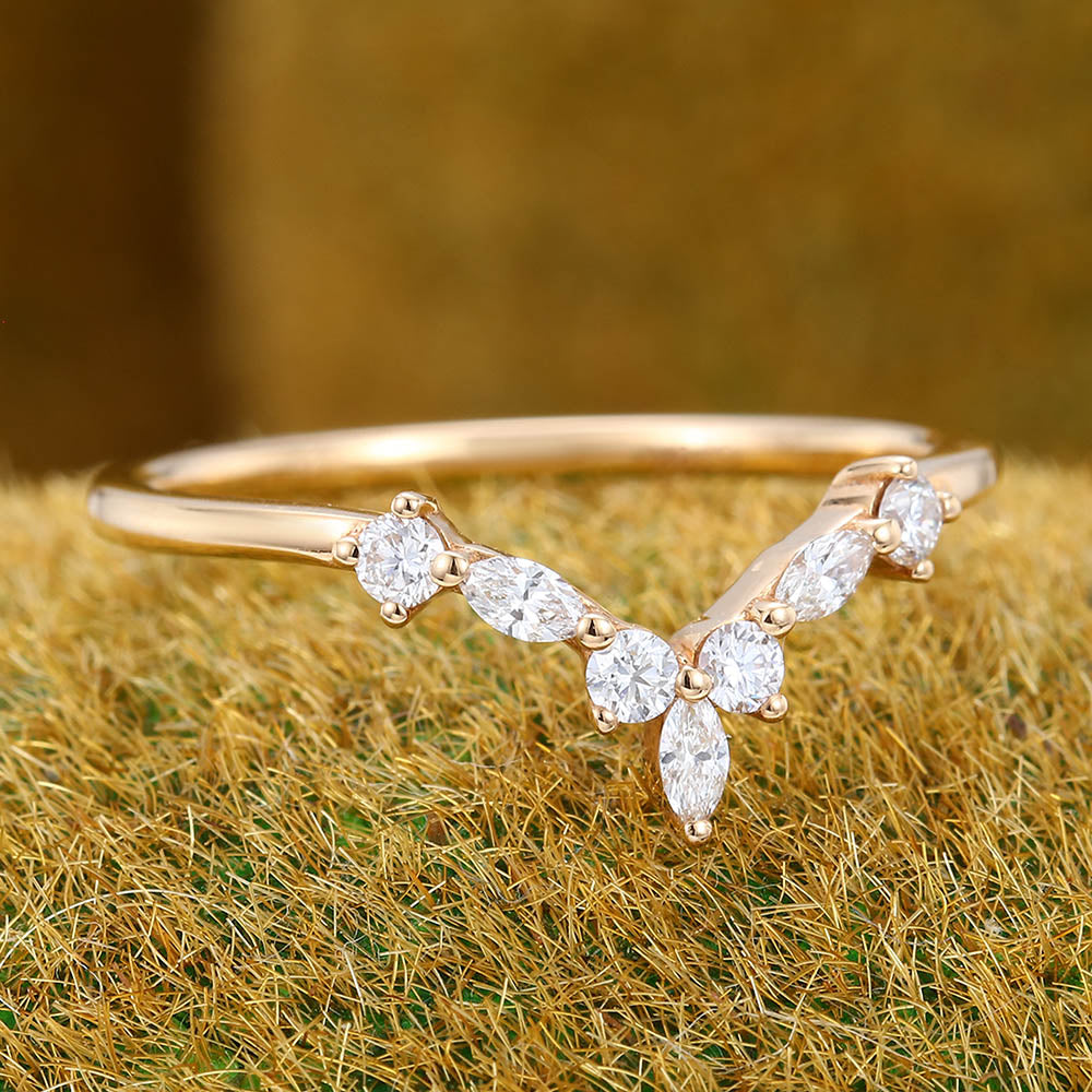 Vintage Marquise Moissanite wedding band Unique rose gold Curved wedding band Diamond wedding band Bridal Matching Stacking promise band